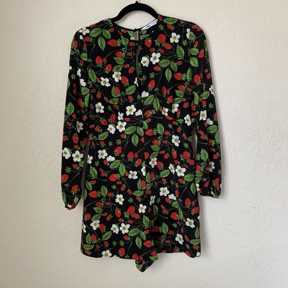 Zara Romper Jumpsuit Women M Black Strawberry Floral Long Sleeve Festival Party - Picture 1 of 11